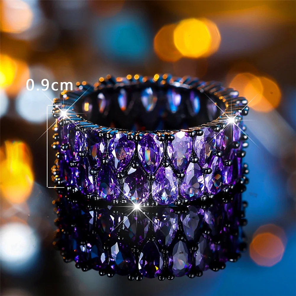 Luxury Female Crystal Purple Blue Zircon Stone Engagement Ring Vintage Black Gold Color Water Drop Wedding Jewelry For Women