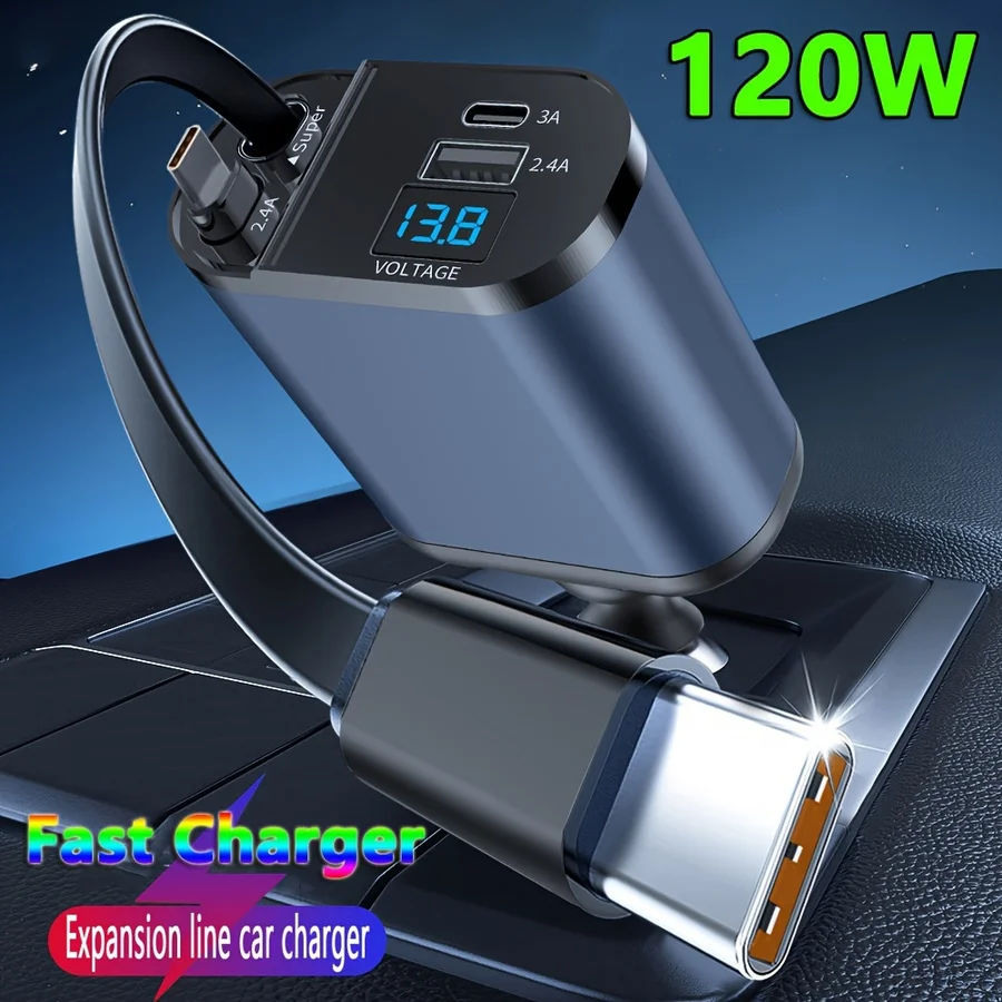 

Fast Retractable Car Type C Car Fast Charge 120W 2 Retractable Cables And USB Port Car Adapter