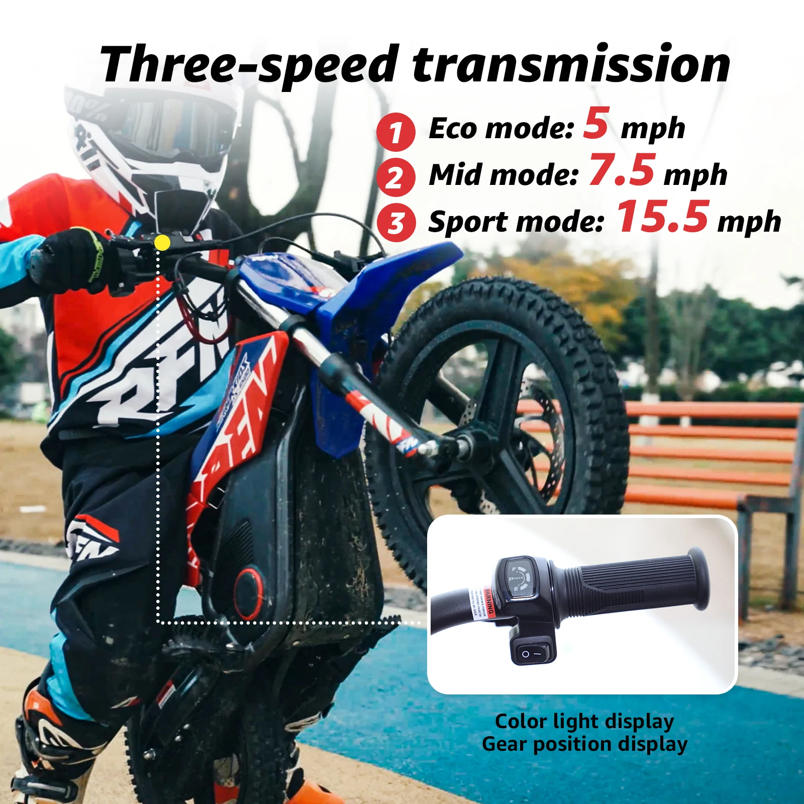 RFN E250 Kinder-Elektro-Dirtbike für Kinder, 36 V, 400 W |   3-Gang-Offroad-Motorrad mit großer Reichweite, 18 km, 11,2-Meilen-Fahrt für 3–6 Jahre