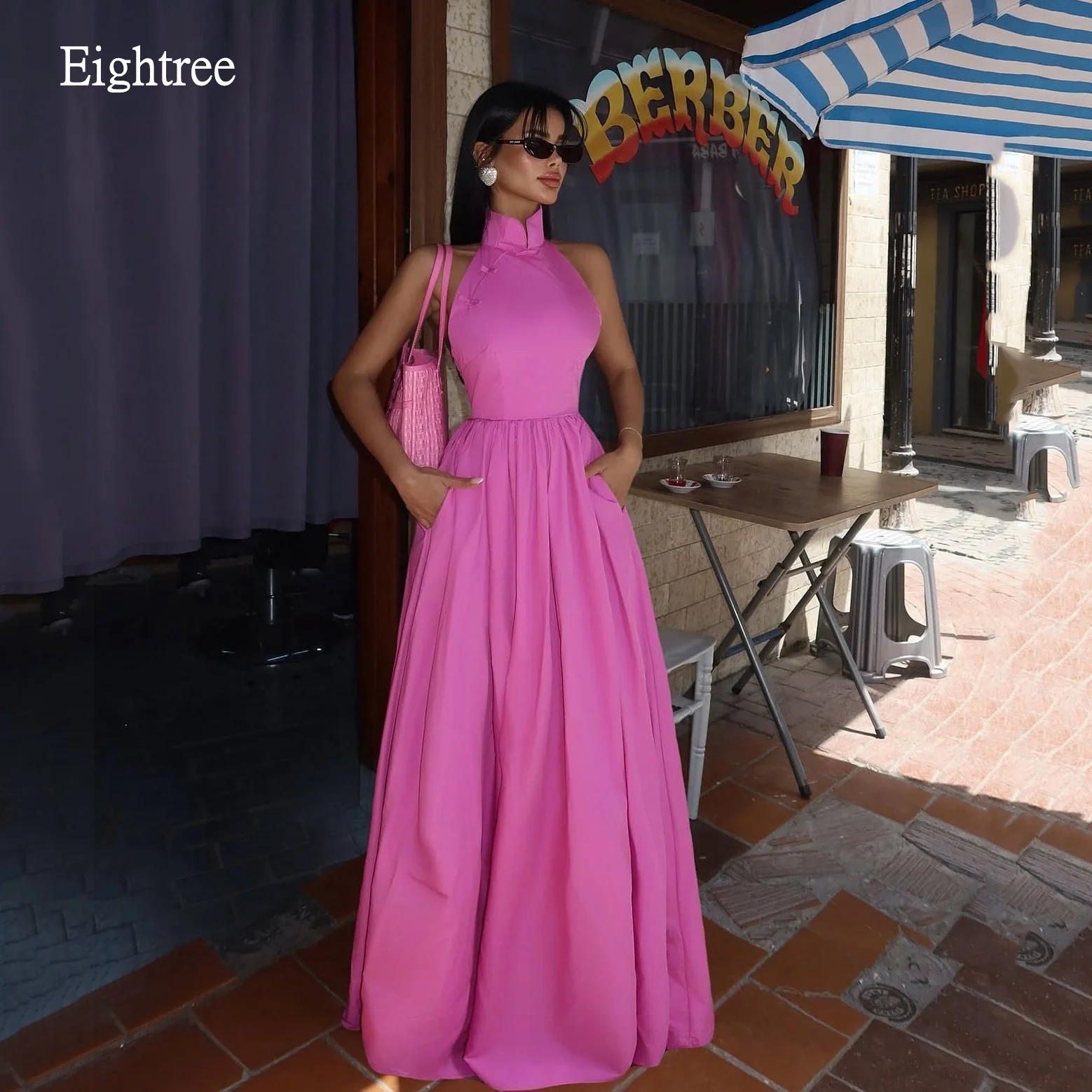 

Eightree Classic Hot Pink A Line Evening Dresses Taffeta High Neck Prom Gown Floor Length Formal Party Gowns 2025 Customized