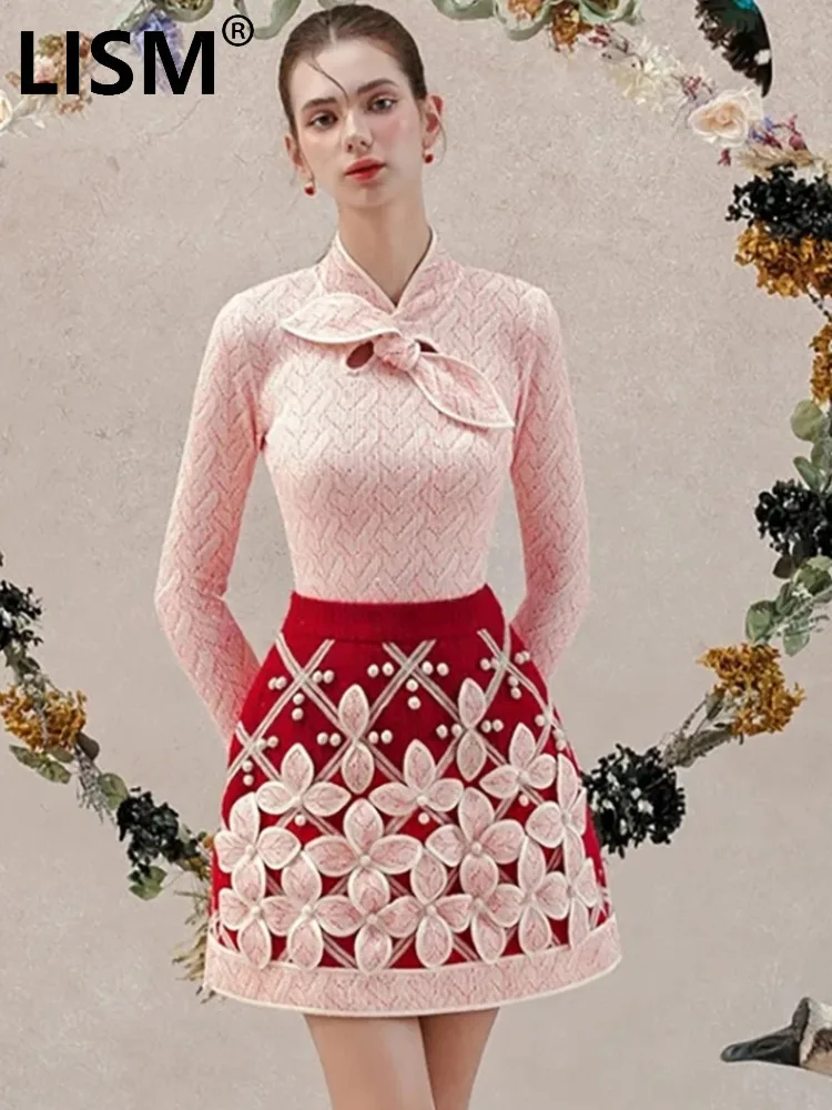 

LISM модный женский комплект из 2 предметов с воротником-стойкой, ажурные вязаные топы с крестом, контрастный цвет, твидовая юбка с цветочным принтом, костюм, осень 2024, новинка