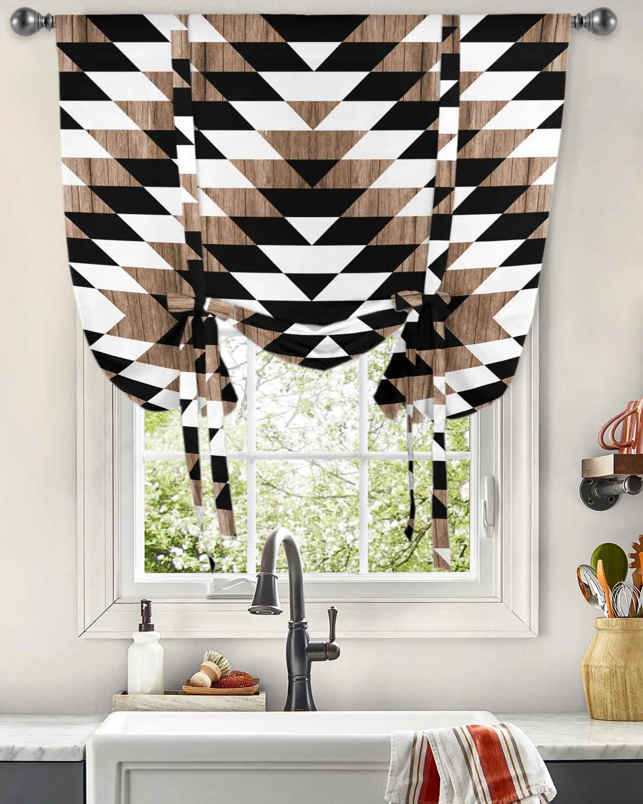 Bohemian Aztec Wood Grain Window Curtains Tie Up Curtains for Kitchen Living Room Adjustable Rod Pocket Valances