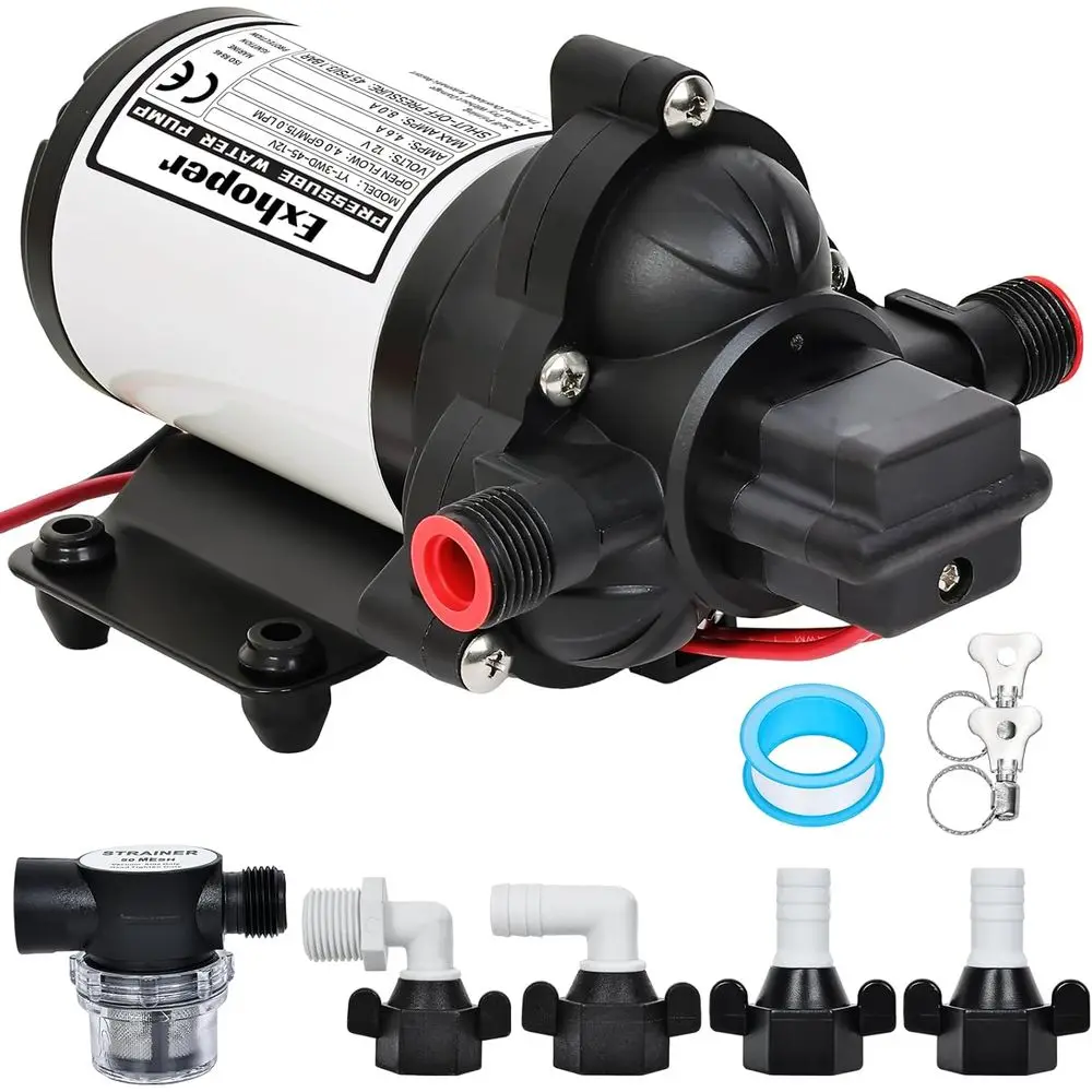 

RV Water Pump, 12V DC Water Pressure Pump with Pressure Switch, Self Priming Diaphragm 4.0 GPM 45 PSI, for RV Marine Yacht Lawn