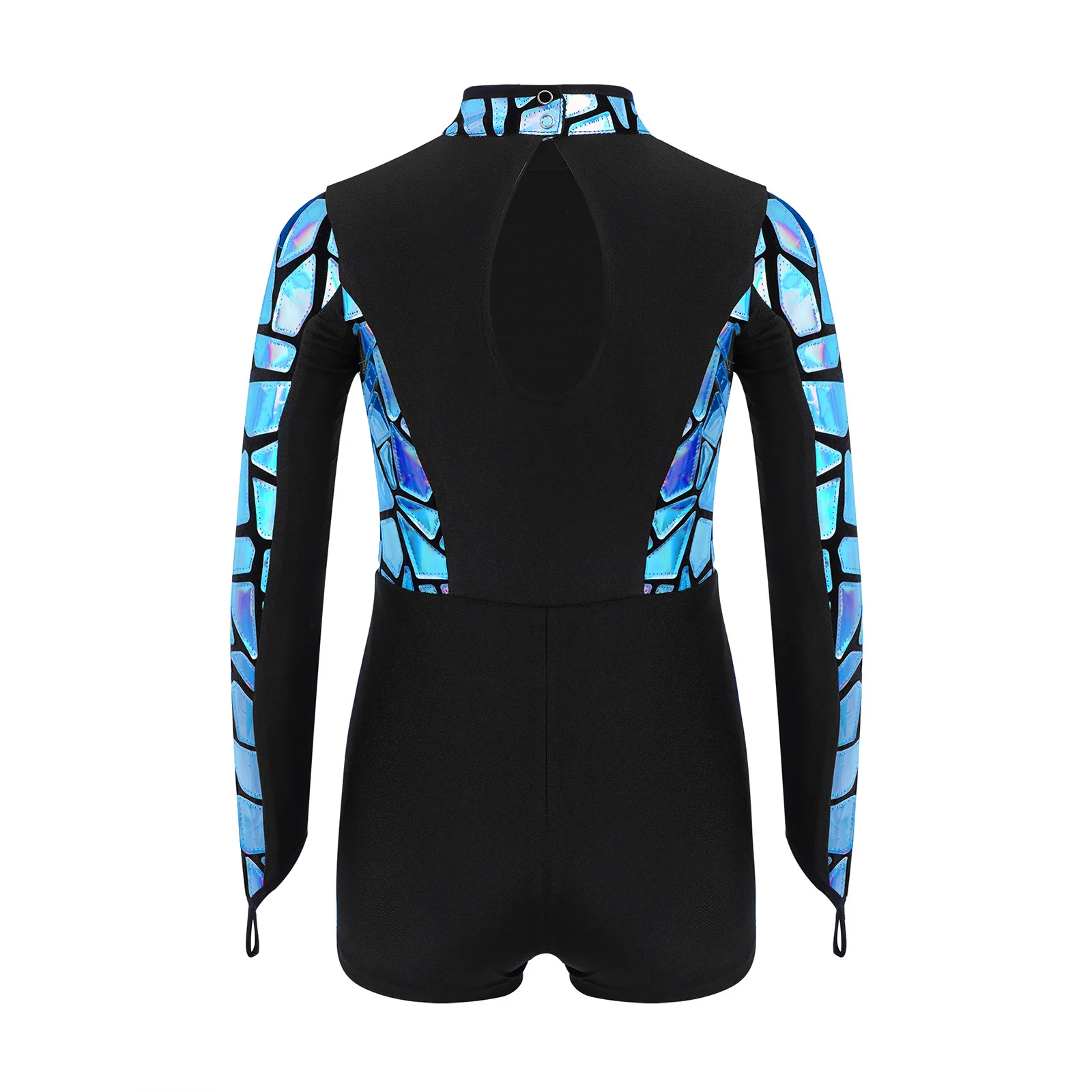 بدلة قفز عصرية للأطفال البنات مزينة بالترتر المعدني ورقبة وهمية وأكمام طويلة وفتحة خلفية لمسابقات أداء رقص الجاز