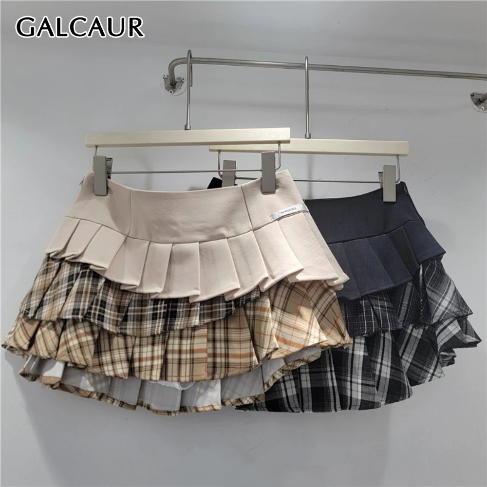 

Юбка GALCAUR с оборками и вставками, женская, с высокой талией, свободного кроя, для модных девушек, короткая, осенняя, новая модель