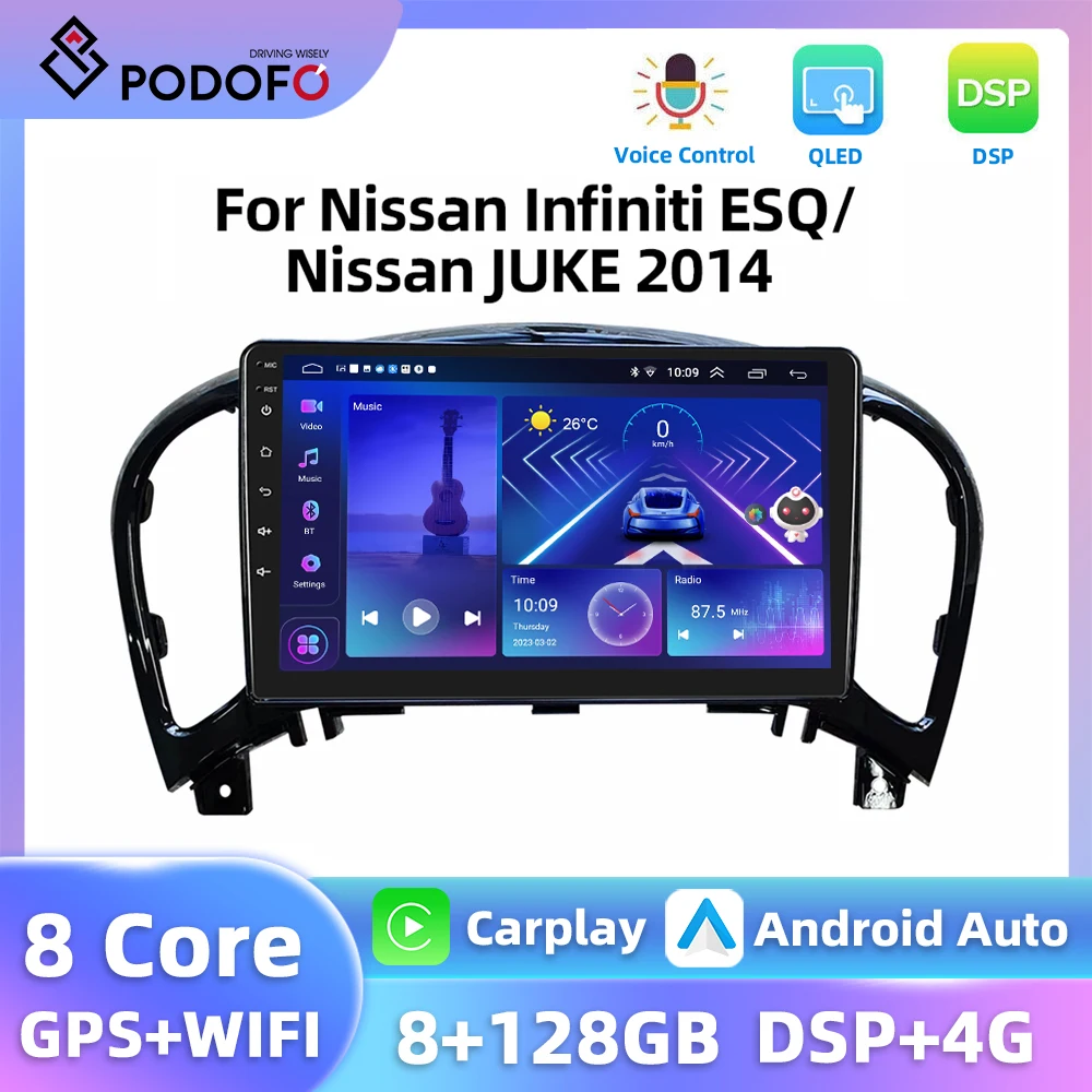 Podofo 4G WIFI Car Radio For Nissan Infiniti ESQ/Nissan JUKE 2014 2Din Multimedia Player Carplay Android Auto AI Voice GPS DSP