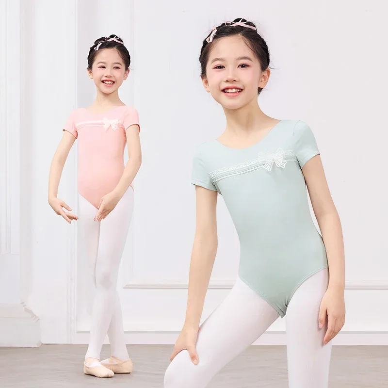 Collant de balé para meninas, crianças, adolescentes, renda, laço, dança, body, manga curta, nylon, ginástica