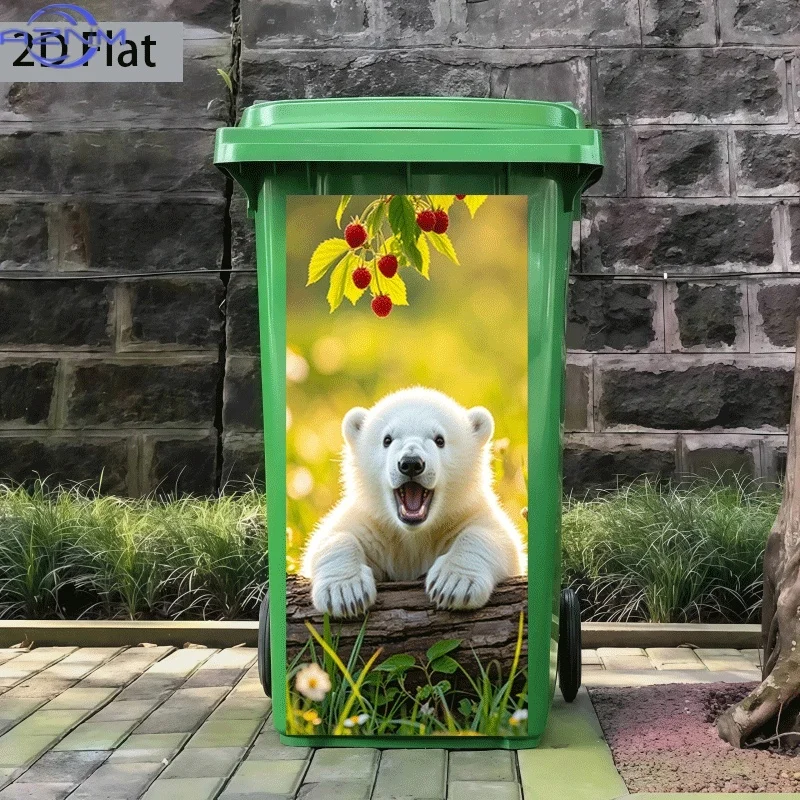 [2D Flat Printing] 1pc Trash Can Sticker  X  Cm Bear Cub Looking at Red Berries Theme Design Self-Adhesive Wall Decoration, Ki
