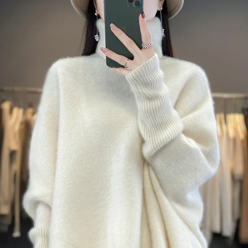 Women\'s High Neck Long Sleeve Knitted Sweater, 100% Wool, Loose Pullover, Casual Top, Short, Autumn and Winter, Hot Selling, New