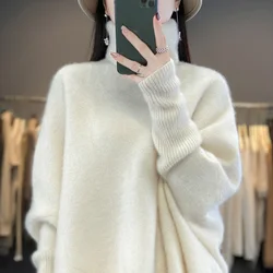 Women's High Neck Long Sleeve Knitted Sweater, 100% Wool, Loose Pullover, Casual Top, Short, Autumn and Winter, Hot Selling, New