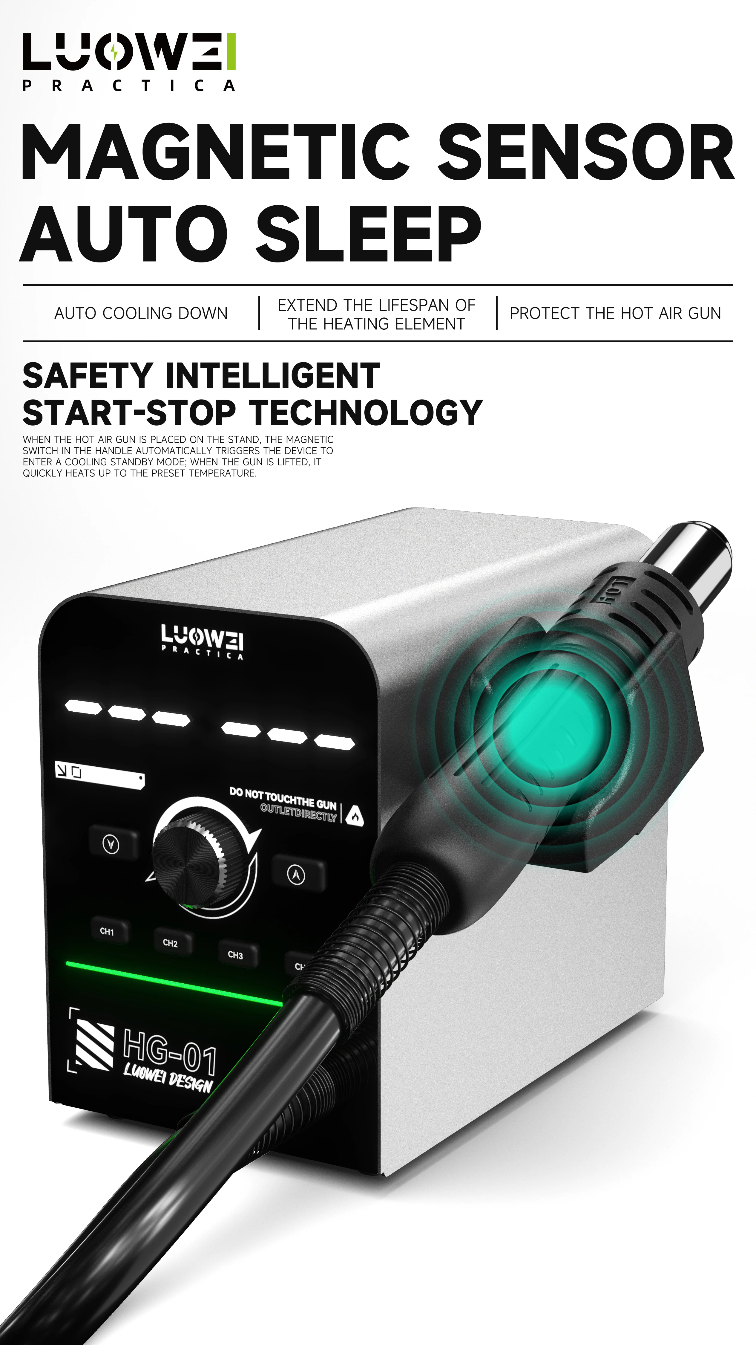 

LUOWEI HG-01 intelligent digital display wind gun 4 groups of temperature memory control intelligent PID algorithm control 800W