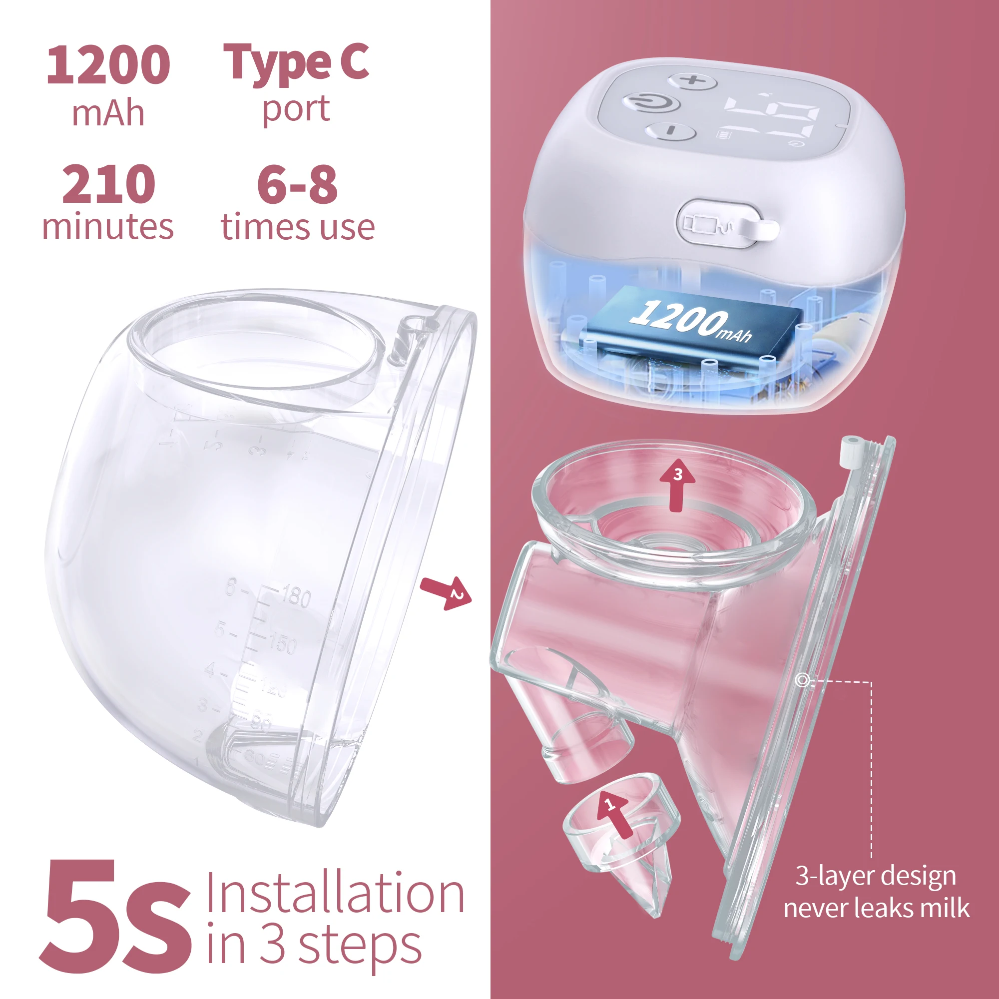 2PCS Wearable Breast Pump, Electric Hands-Free Breast Pumps 12 Levels, LCD Display, Rechargeable Double Milk Extractor