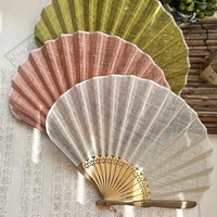 Japanese Style Retro Shell Shaped Fan Silk Cloth Bamboo Folding Fans with Pendant Wedding Hand Fans Solid Color Curved Fanbone