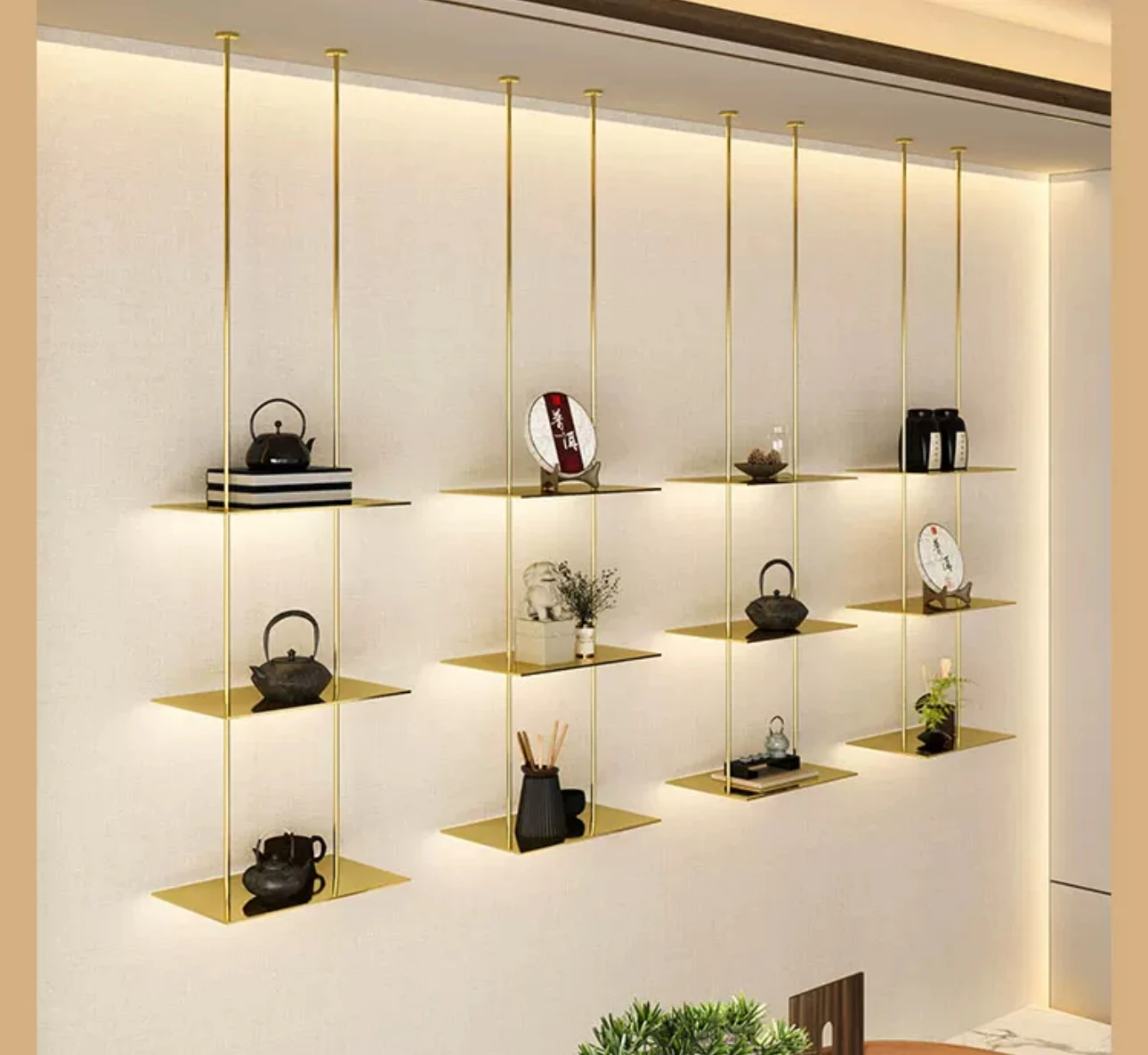 

Custom-made tearoom hanging hanger word partition shelf KTV bar upper wall multi-layer gold decorative display shelf