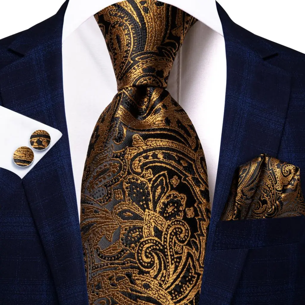 Hi-Tie Black Gold Paisley Striped Silk Wedding Tie per uomo Handky Cufflink Mens cravatta Fashion Design Business Party Dropship