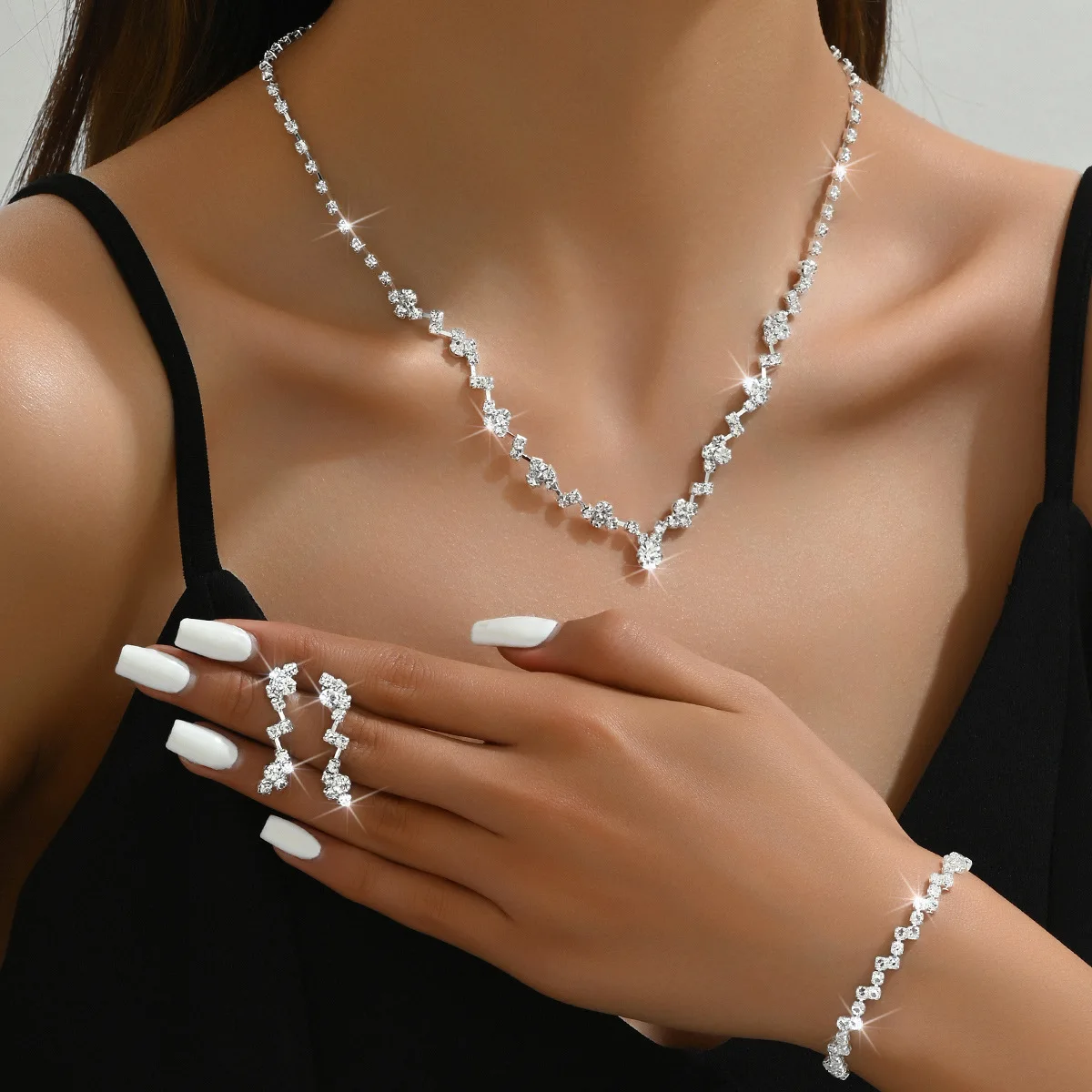 BLIJERY Minimalist Style Rhinestone Wedding Jewelry Sets for Women Crystal Necklace Earrings Bracelet Bridal Jewelry Sets