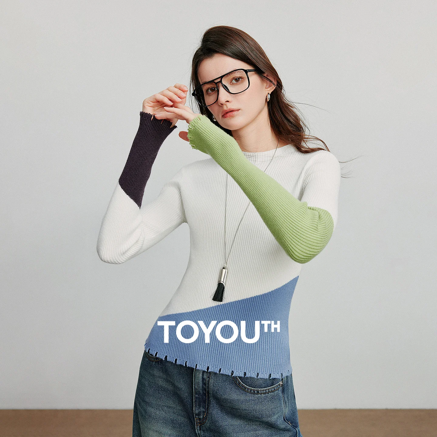 TOYOUTH Women Knitted Sweater 2025 Autumn New Asymmetric Contrast Color Matching Long Sleeve Pullover Bottom Tops