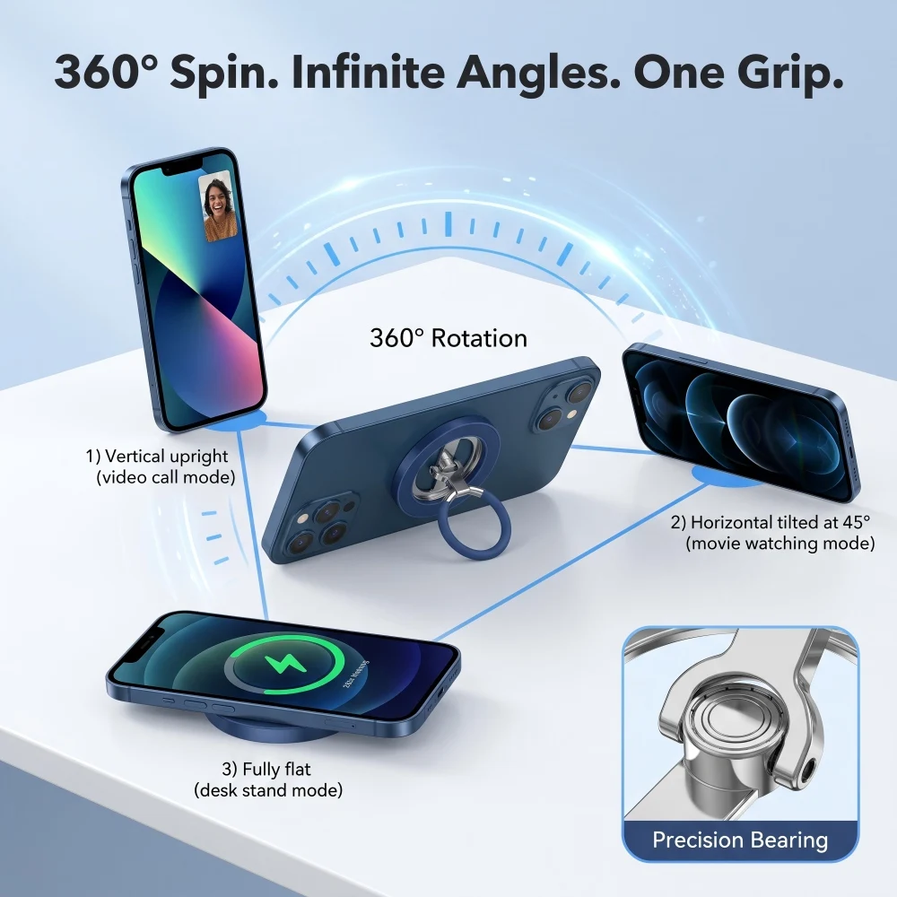 Two Sided Magnetic Phone Ring Holder 360 Rotation Metal Kickstand Finger Grip for MagSafe iPhone 16 15 Pro Samsung Car Mount view 3