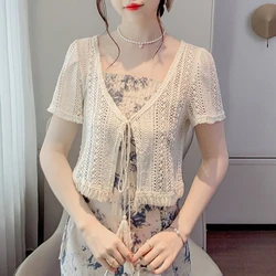 Korean Style Female Lace Shirts for Summer Short Sleeve V-neck Tassel Ribbon Short Design Women Cardigans Sweet Sunscreen Shirt