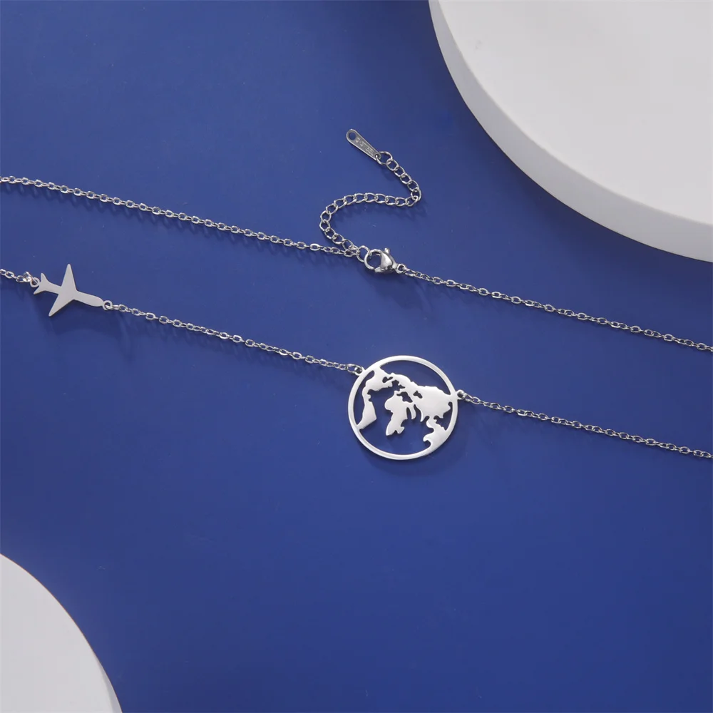 My Shape Aircraft World Map Pendant Necklaces for Women Men Hollow Map Airplane Stainless Steel Chain Choker Jewelry Travel Gift view 4
