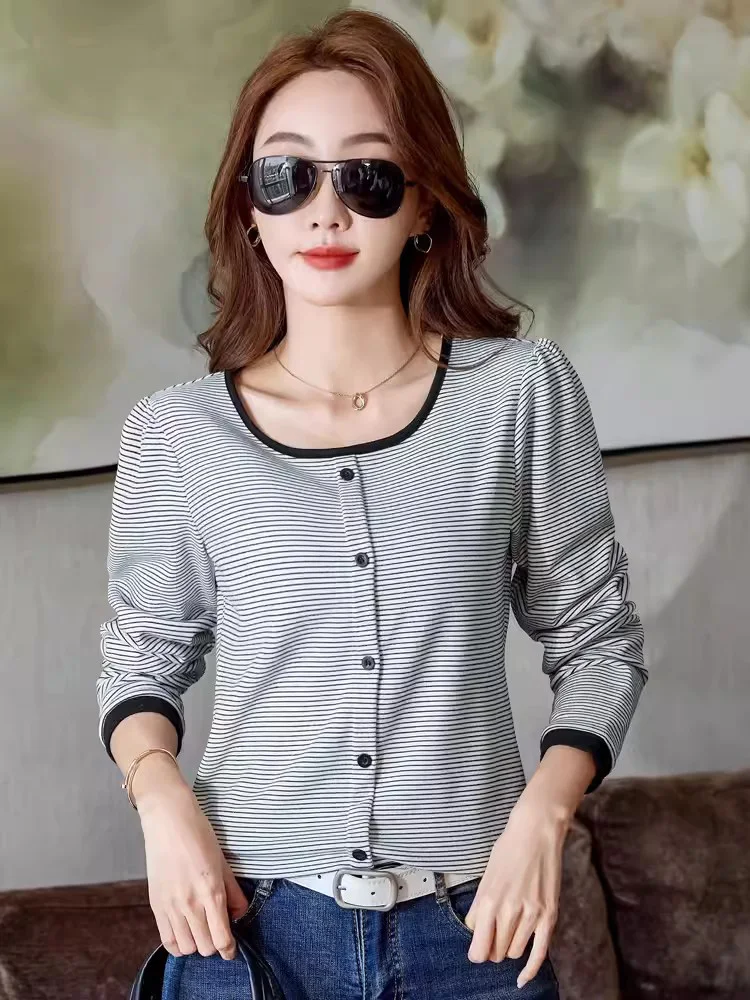 New Women Contrast Color Striped T-shirt Spring Autumn Fashion Square Collar Long Sleeve Slim T-shirt Casual Simplicity Pullover