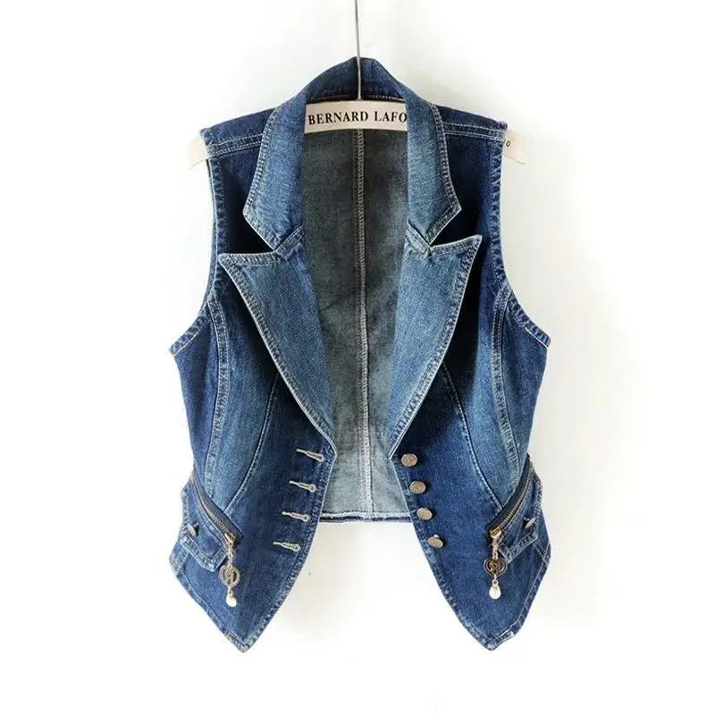 Spring Autumn Women Lapel Denim Vest Sleeveless Cropped Jean Vest Waistcoat Jacket With Zipper Pockets