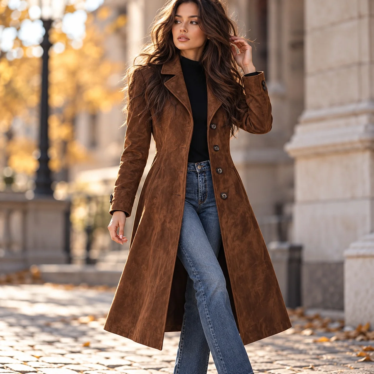 Turn Down Collar Notched Lapel Coat Regular Fit Casual with Medium Weight Regular Sleeve Trench Coat Vintage Style for Women