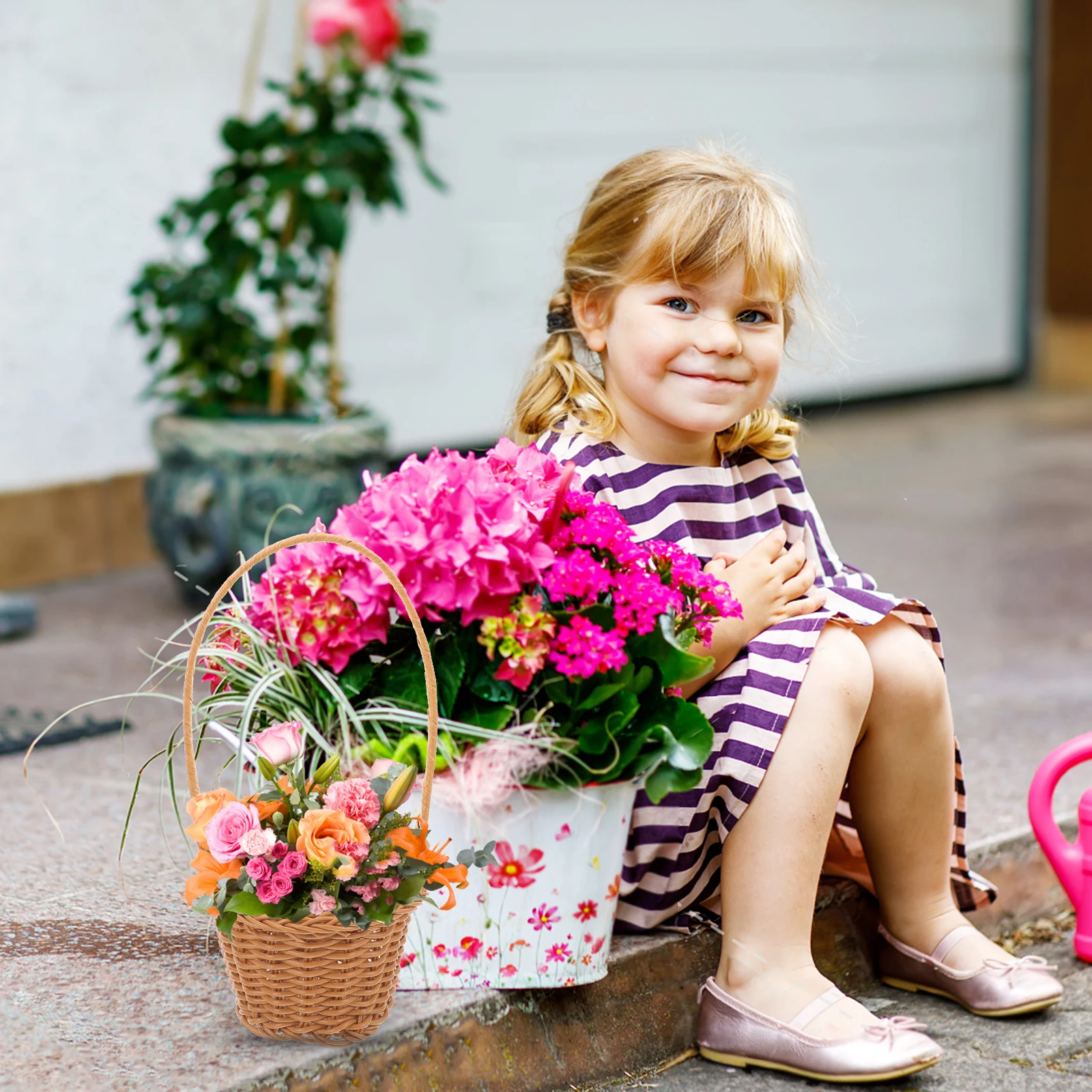 

5 Pcs Egg Shaped Flower Baskets Rattan Style Woven Storage Small Handle Decorative Home Gift Plastic Long Lasting