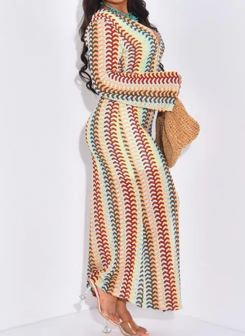 Robe à manches longues pour femmes, mode automne, blocage de couleur, épissage, imprimé géométrique, col en v, coupe cintrée, robe moulante aux hanches