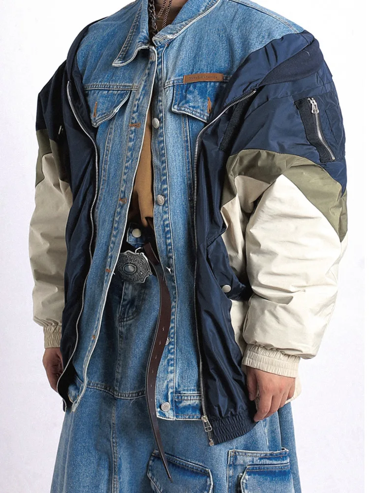 [BOMP] 2024 Autumn Men Denim Vintage Fake Two Washable Versatile Loose Jacket Ruffian Jean Jacket Fashion New Fashion