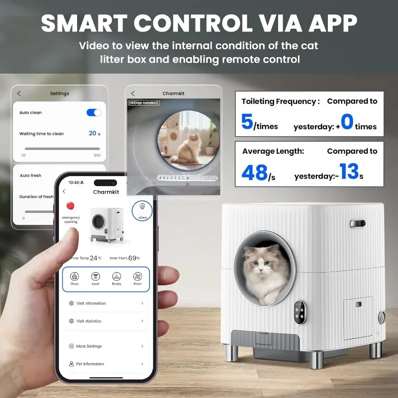 대용량 자동 고양이 쓰레기통 자동 문짝, 앱 제어, 비디오 모니터, 핀치 및 악취 방지