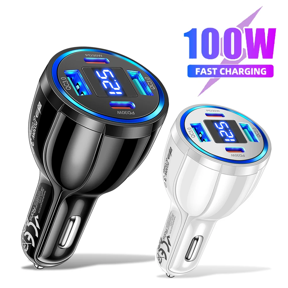 100W Car Charger Super Fast Charging QC3.0 30W USB C Adapter With Voltage Digital display For iPhone 15 Pro Max Xiaomi Samsung