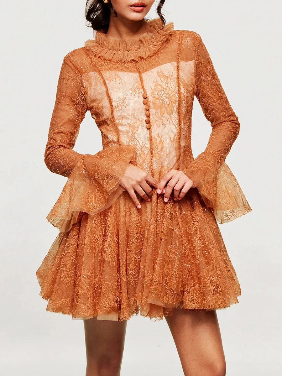 VGH Luxury Celemony Patchwork เย็บปักถักร้อย Tutu ชุดผู้หญิง O คอ Ruffles แขนยาวเอว Spliced SHEER ตาข่ายชุดหญิง