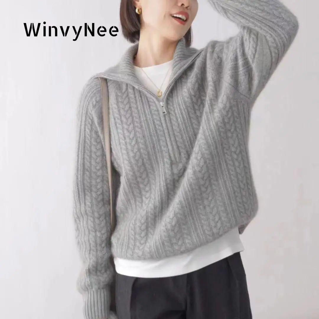 

WinvyNee женские кашемировые свитера из мериносовой шерсти с воротником-поло на молнии, свободные однотонные вязаные топы, повседневные пуловеры, джемперы A1724002