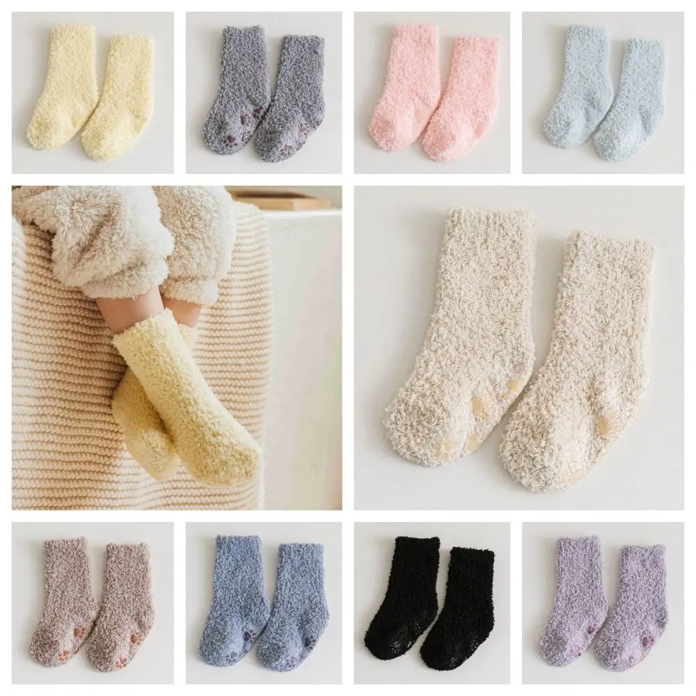 

Solid Color Coral Fleece Baby Socks Thickening Cat Paw Infant Learning Walk Socks Baby Hosiery Non-Slip Sole Home Sleep Socks