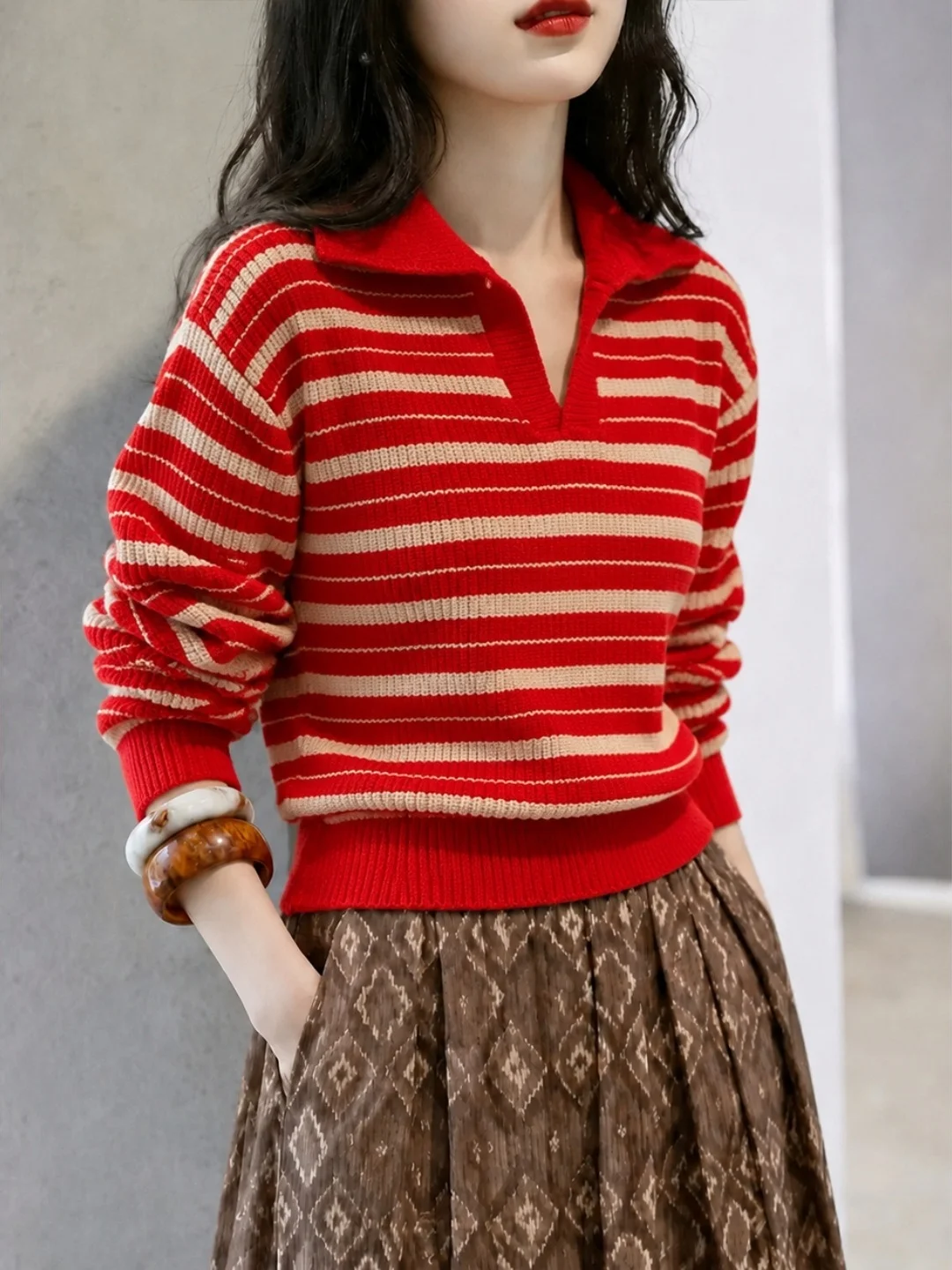 Korean Style Loose Long Sleeve Striped Knitwear Women's Casual Versatile Top Color Block Soft Comfortable Commute Fashion