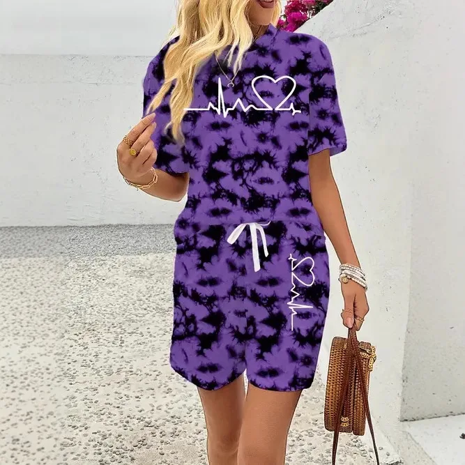 

2025 Women's Summer New Casual Loose 3D Printed Short Sleeve Round Neck Shorts Suit Ensemble Femme 2 Pièces Été