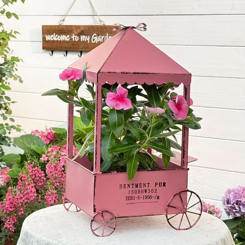 Courtyard Villa Iron Four Wheel Small Flower Cart Pot Ware Famous Residence Balcony Decoration Personalized Flower Pot
