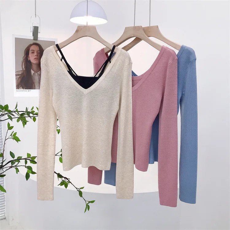 7162 Ballet elegante ~ otoño nuevo estilo de niña Pure Desire cuello en V profundo Top de punto ajustado de Cachemira suave