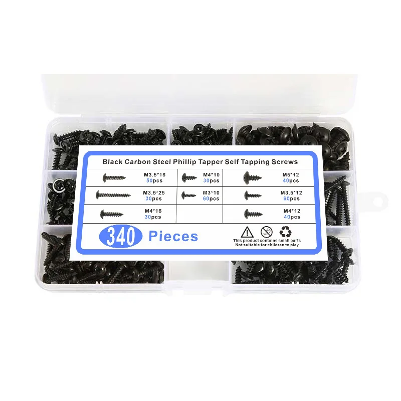 PWA Carbon Steel Black Oxide Self Tapping Screws Truss Head 340PCS Assortment Kit Box