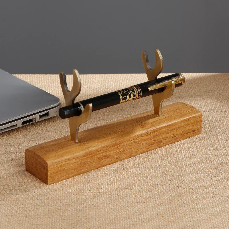 Solid Wood Pen Holder Metal Antler Storage Stand Ebony Bamboo Wood Desktop Ornaments Office Student Pen Holder Display Stand
