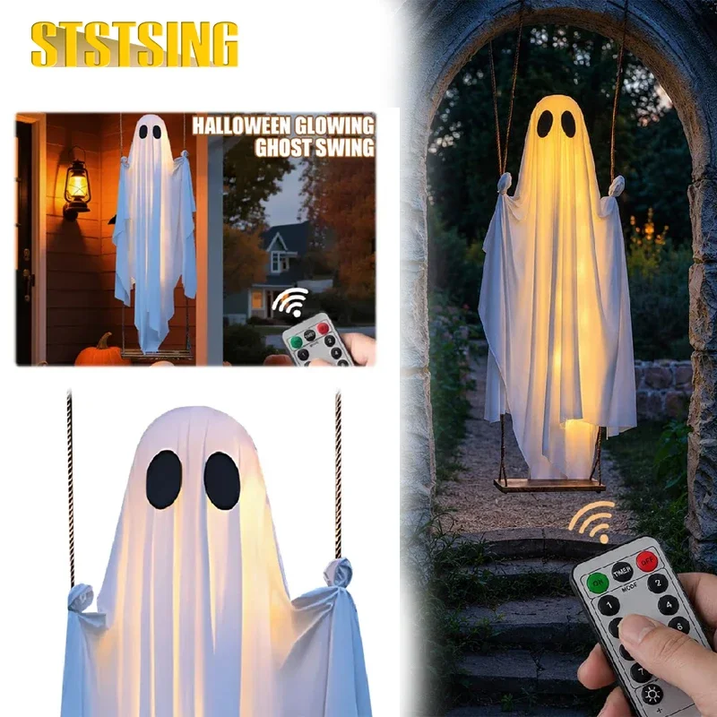 1PC Battery Operated Halloween Hanging Fabric Ghost Decoration Light,Large Creepy Lighted for Outdoor Tree,Screw Fixed Hang Rope