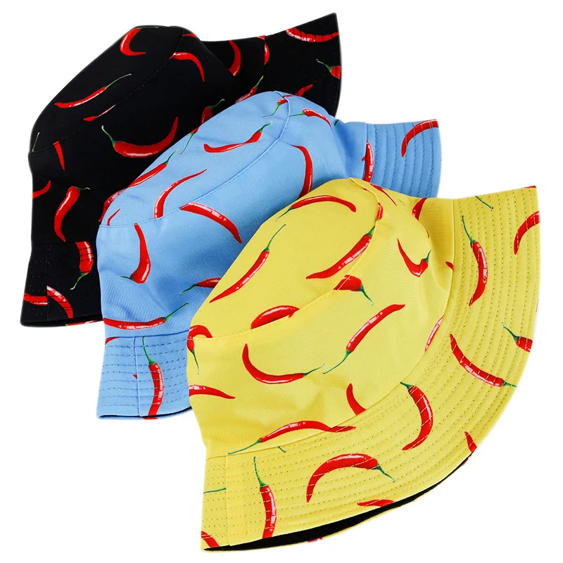 

Summer Red Cluster Pepper Print Fisherman Cap Double-sided Wear Men Women Outdoor Travel Sunhat Wide Brim Bucket Hat