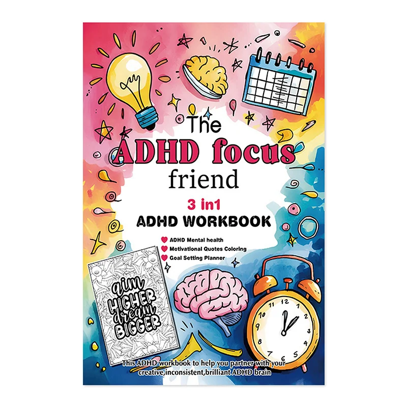 ADHD Focus Friend 3 In 1 ADHD Workbook จิตสุขภาพเป้าหมาย Planner พร้อมกิจกรรมและภาพประกอบสมุดระบายสีสําหรับผู้ใหญ่