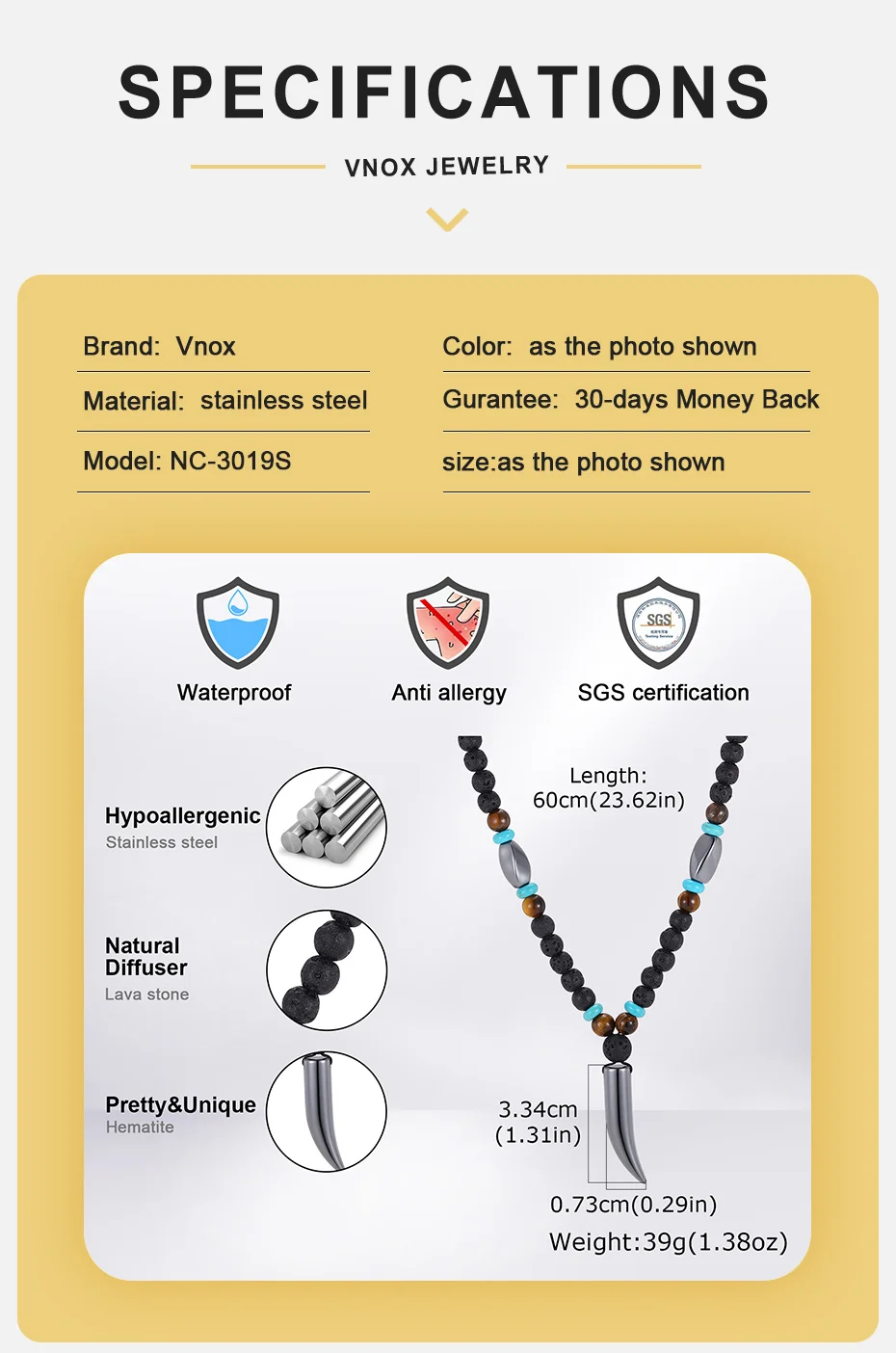 Vnox Herren Lavastein-Perlenkette, Hämatit-Wolfszahn-Anhänger, Tigerauge-Türkis-Perlen Tribal Männerschmuck für den Alltag, Geschenk – Detail 4