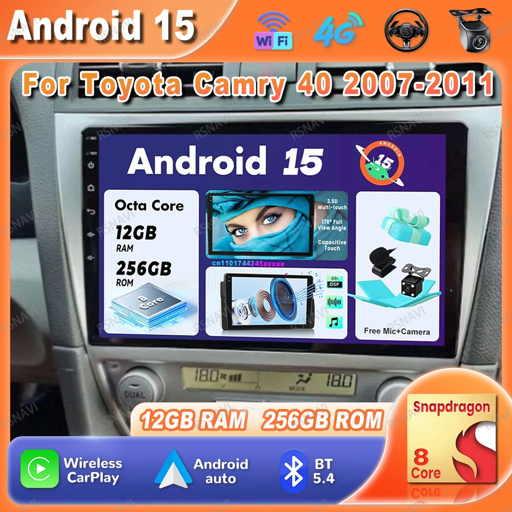 

Car Radio Android 15 For Toyota Camry 40 2007 2008 2009 2010 2011 Stereo Multimedia Qualcomm RDS AI Voice QLED Wireless DSP IPS