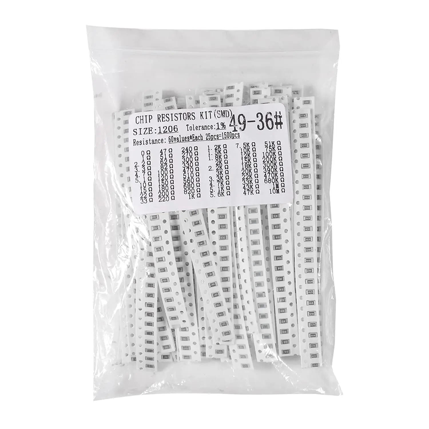 SMD Resistor Variedade Kit, 1206 Chip Resistor Kit, 60 Valor, 1% 1 W, 4W, 0.25W, 0 ohm-10M ohm, 1500Pcs