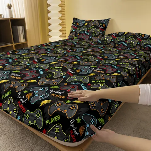 1 Cartoon Fun Printed Matte Fitted Sheet, Bedroom Printed Bed Cover, Bedding (Excluding Pillowcases)