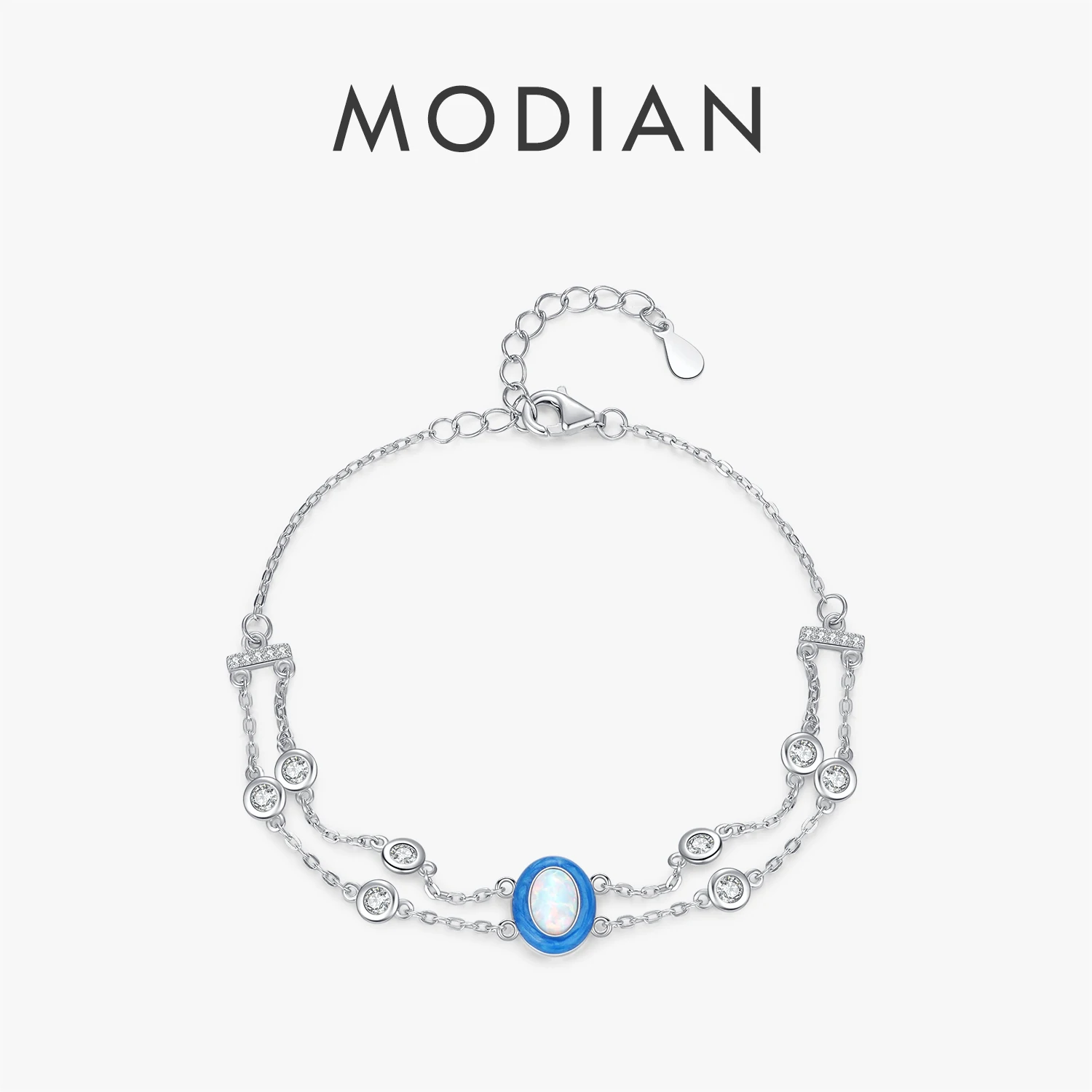 MODIAN 925 Sterling Silver Double Layer Link Chain Charm Bracelet Gradient Enamel Oval Opal Bransoletka dla kobiet Fine Jewelry