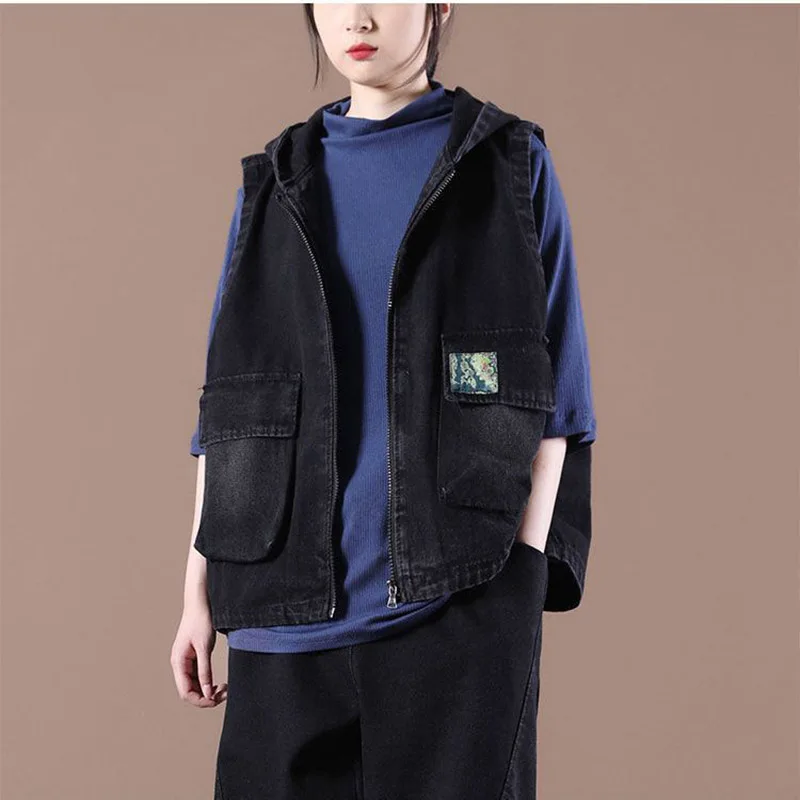 

Fashion Denim Vest Women New Autumn Sleevele Hooded Casual Loose Zipper Double Pockets Versatile Solid Color Vest
